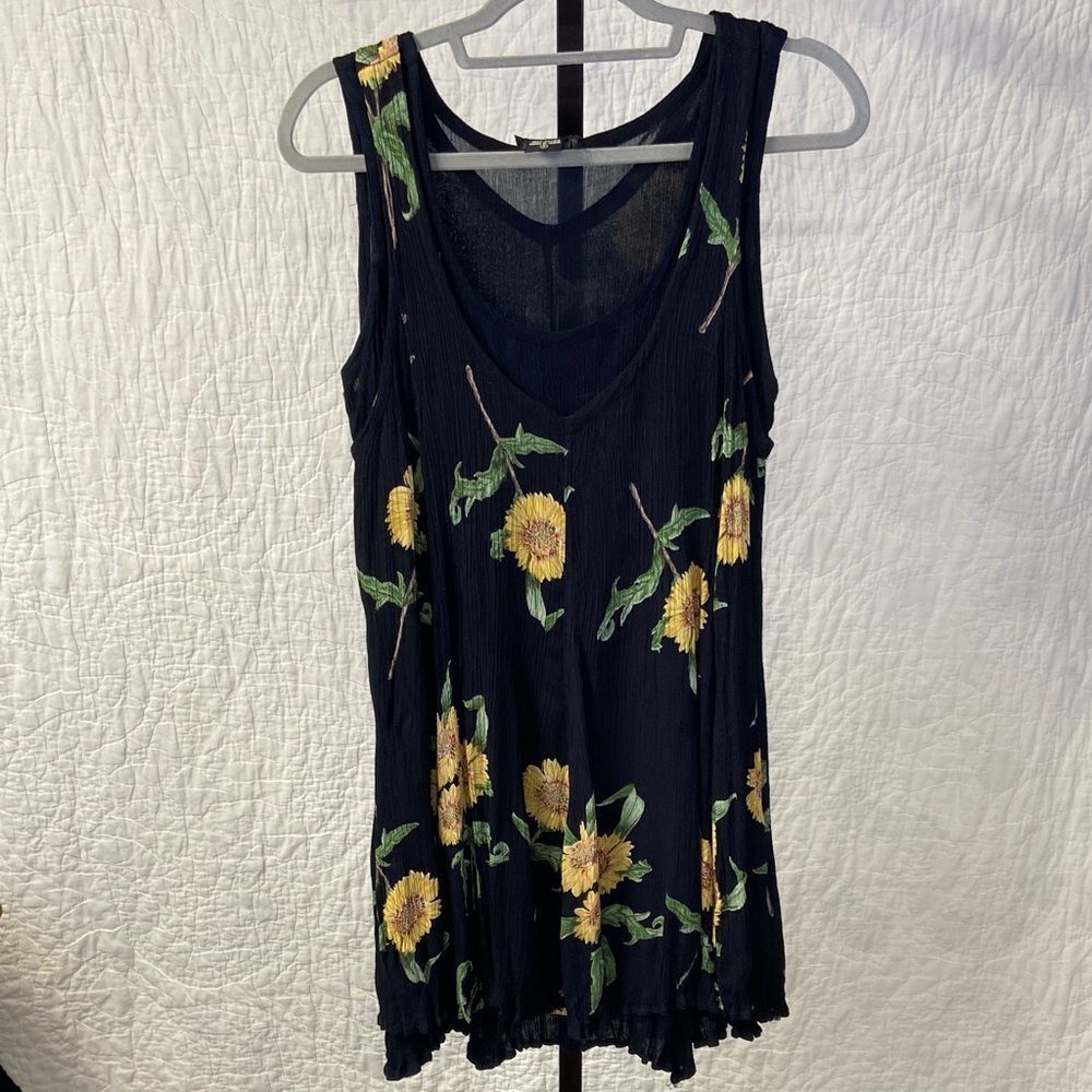 Vintage Starina Sunflower Sleeveless Black Flowy Dress size Small